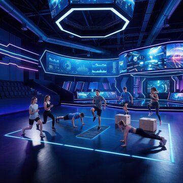 Futuristic Fitness Class In A High-Tech Cyberpunk Gym Environment