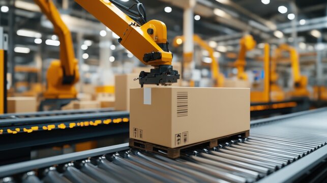 Robotic arm packs a cardboard box on an automated conveyor belt inside a factory.