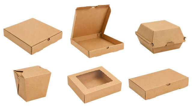 Assortment of brown kraft cardboard food packaging boxes for takeout and delivery, including pizza, clamshell, window and mailer styles