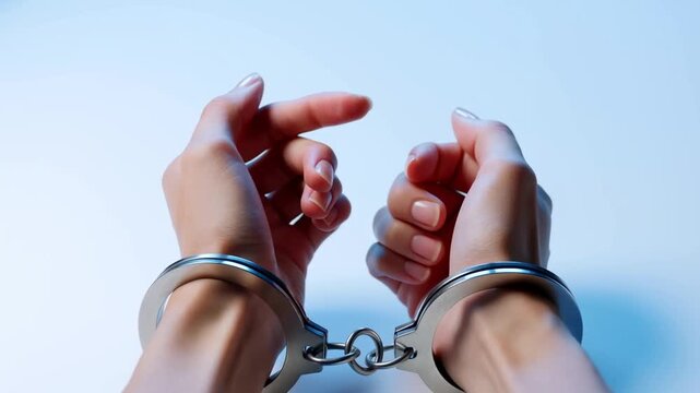 Handcuffed hands held up against a pale blue background symbolizing arrest and confinement