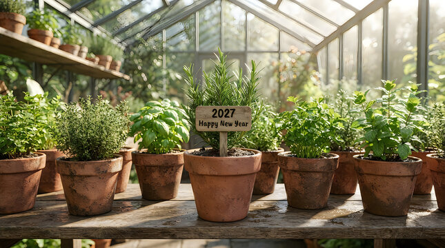 Small green plants in clay pots with a happy new year 2027 sign inside a sunny greenhouse