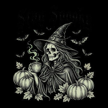 Vintage halloween skeleton witch drinking hot coffee surrounded by pumpkins and bats