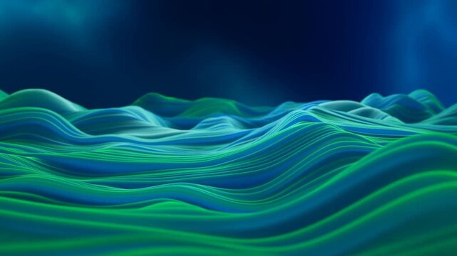 Abstract blue and green layered wave forms over dark background with curved lines