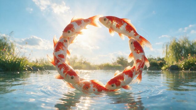 Red and White Koi Fish in Circular Formation Under Bright Sky