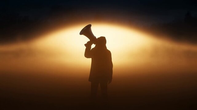 Silhouetted person holding large cylindrical object in orange fog near dark forest at night