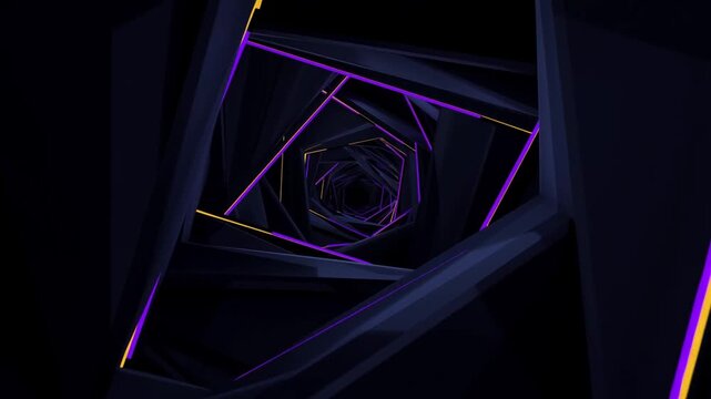 Neon geometric tunnel of nested angular frames in dark space with purple and gold edges