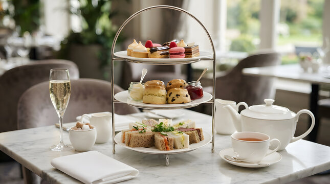 Luxury afternoon tea with three-tiered stand of sandwiches, scones, and macarons on marble table with champagne and tea