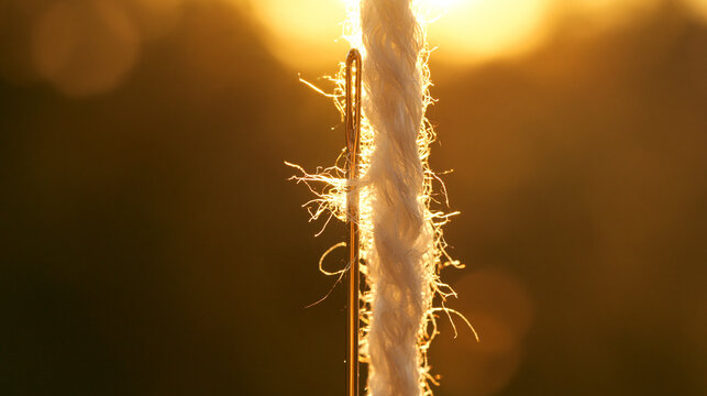 A sewing needle with a white thread catching a warm golden sunset glow. A conceptual image for precision, creativity, and finding a solution.