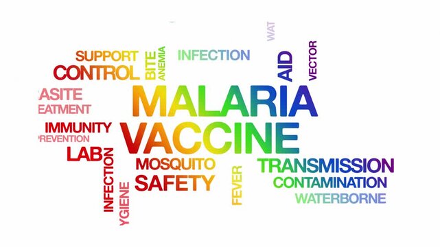 Malaria Vaccine concept Animated Tag Word Cloud kinetic typography, Text Design Animation typography seamless loop video motion graphics Intro Wordart arrangement rainbow type on white background bg b