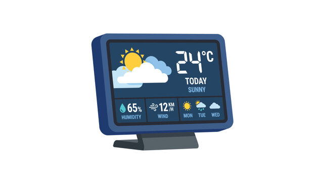 A 3d smart weather station device showing current temperature and forecast on a white background with temperature humidity wind speed weekly forecast