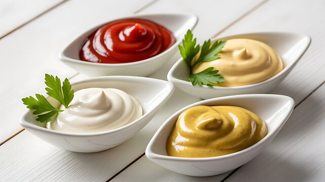 Assorted creamy sauces served in elegant bowls with fresh parsley and herbs