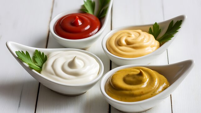 Colorful creamy sauces served in elegant bowls with fresh herbs on a white table