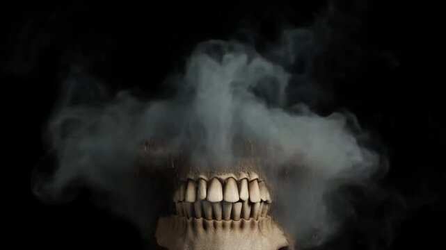 Human skull facing forward against black background with detailed teeth and hollow eyes