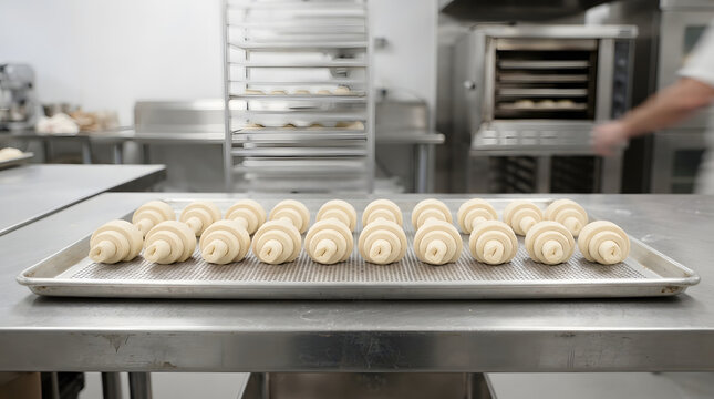 Row of raw unbaked croissants on a metal baking sheet in a professional bakery kitchen