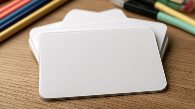 Close-up teacher resource mockup featuring a stack of completely blank white rounded flashcards on a wooden classroom desk with colorful pencils and markers, clean educational card template with copy 