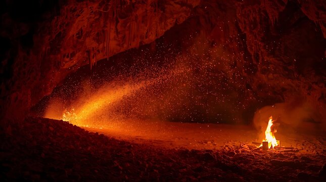 Dramatic Fire and Light Illuminating a Dark Cave Interior.