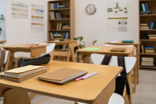 Empty school classroom interior with wooden desks notebooks bookshelves educational charts