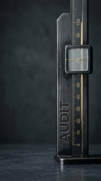 Close up of precision vernier caliper measuring instrument on dark industrial surface with graduated scale and copy space for engineering quality control and manufacturing analysis