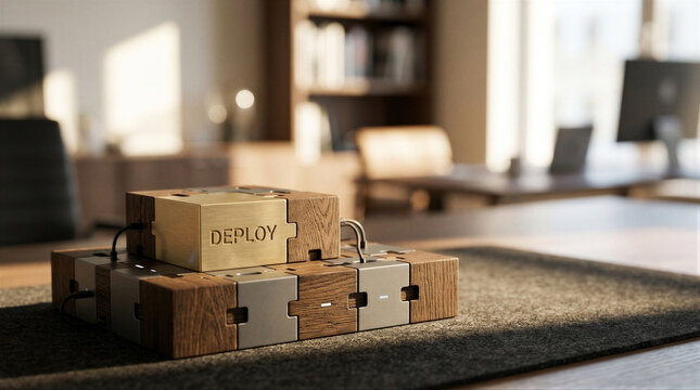 Wooden modular blocks labeled deploy with cables on office desk. Software release deployment, technology infrastructure, automation, and business operations concept with copy space
