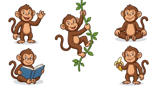 Cartoon monkey character set demonstrating multiple poses including waving climbing vine reading book eating banana sitting isolated white background vector illustration