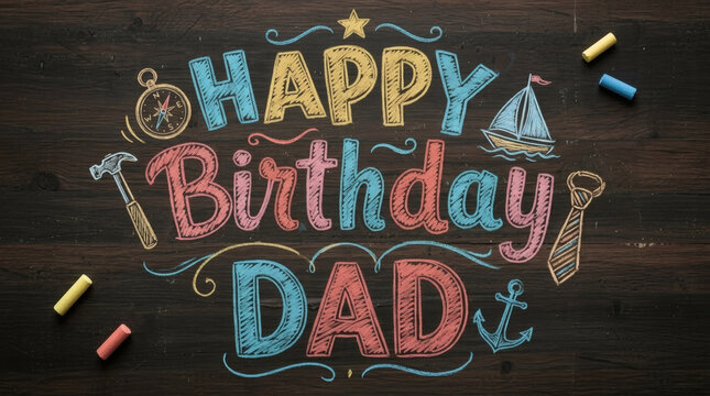 Chalktext birthday icons for hammer, sailboat, necktie, compass, and anchor. Suitable for invitations, greeting cards, posters, and social media.