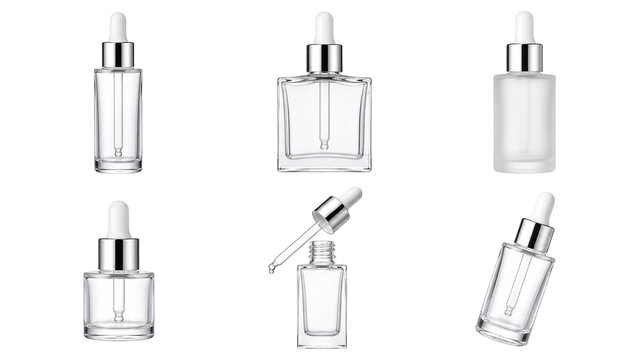 Six clear glass dropper bottles and pipettes for cosmetic serums photographed on a transparent background