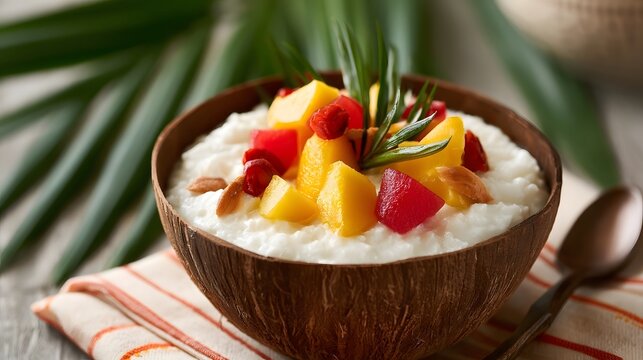 A coconut bowl filled with creamy white rice pudding topped with colorful tropical fruit and fresh herbs