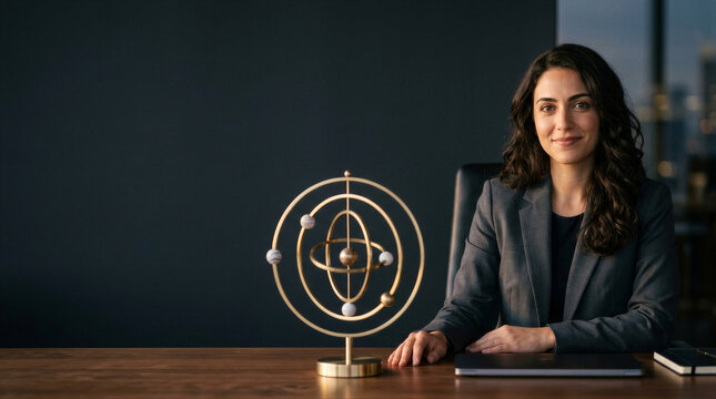 Woman business executive seated at desk beside orbital model. Corporate leadership, strategic planning, innovation, technology and scientific management concept with copy space