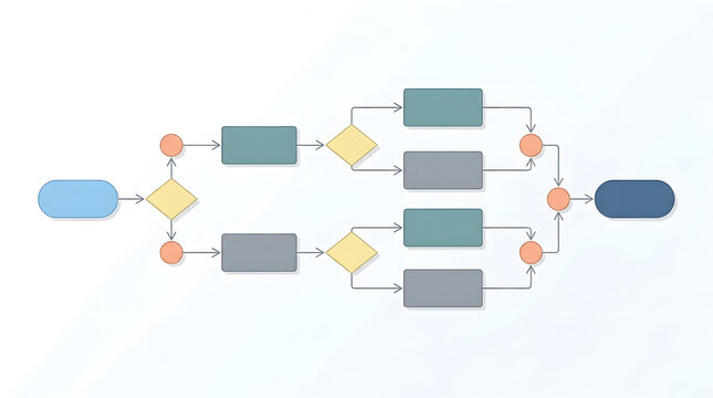 Workflow diagram nodes for process mapping structure and system organization on white