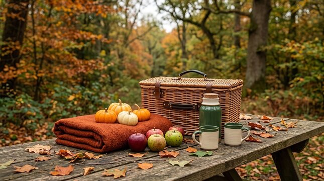 Autumn picnic setup with pumpkins, thermos and apples on wooden bench in woods