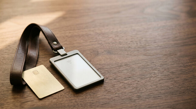Blank identification badge with leather lanyard and payment card on wooden desk, corporate access control and employee identification concept with copy space