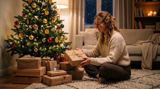 Woman sitting on floor with Christmas presents near decorated tree indoors at night