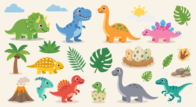 Cute Dinosaur Prehistoric Collection Vector Set