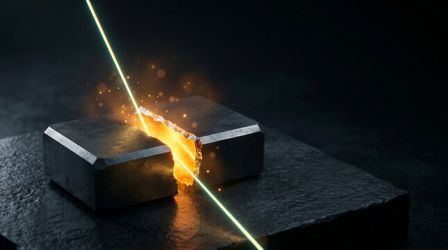 Laser beam cutting a metal block with sparks and molten material. Industrial manufacturing technology illustrating precision engineering, automation, fabrication, and advanced production