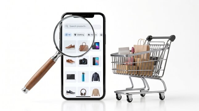 Online Shopping Concept With Smartphone Magnifying Glass And Shopping Cart Full Of Products