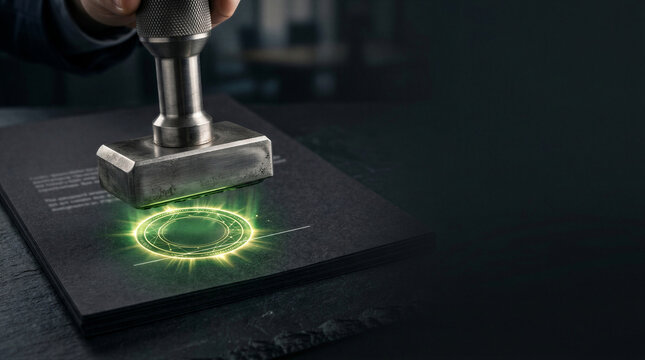Closeup of engineer using metal stamping tool on technical document with glowing digital seal. Manufacturing quality control, industrial authentication, certification and document verification
