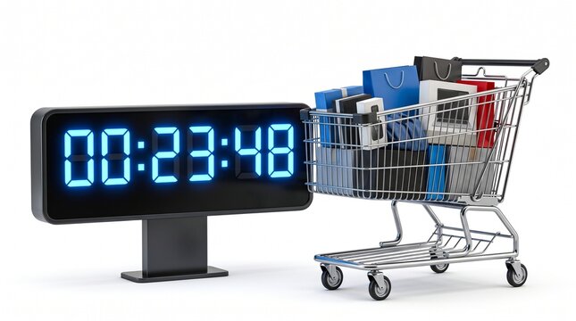 Digital timer showing 00 23 40 next to a full shopping cart with gift bags and boxes on white background