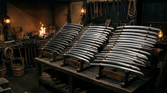 Rows of samurai swords displayed in a traditional blacksmith forge