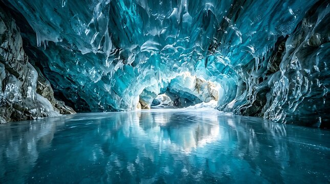 Blue glacier cave interior with frozen walls and reflections