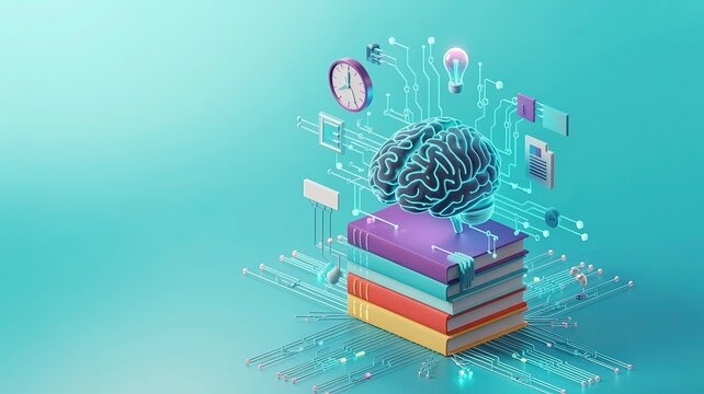 Isometric human brain resting on a stack of books with digital circuitry