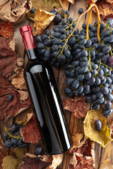 Fototapeta premium Bottle of red wine and blue grapes.