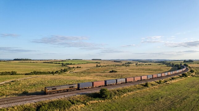 Freight train travels through rolling green countryside under a clear blue sky with scattered clouds