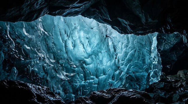 Interior view of a glowing blue glacial ice cave