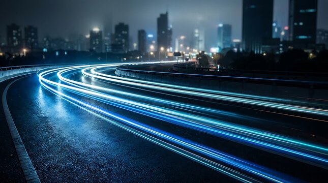 Blue light trails from moving vehicles on a curved urban highway at night with city skyline