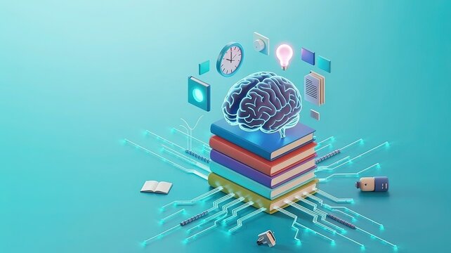 3 d isometric of a human brain resting on a stack of colorful books