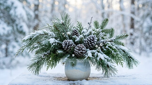 A beautiful bouquet of green pine branches and pine cones in a vase outdoors during winter