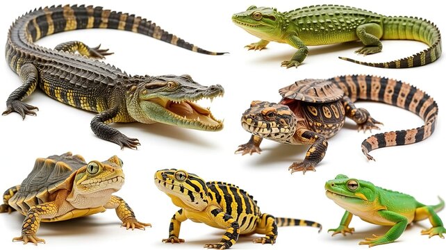 Collage of various reptiles, including crocodiles, turtles, and lizards