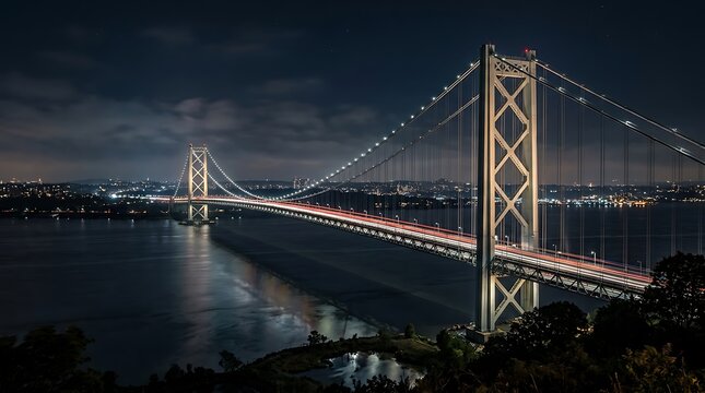 Illuminated suspension bridge with light trails from moving traffic over water at night