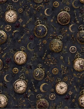 A collection of vintage pocket watches and steampunk gears arranged in a patterned design
