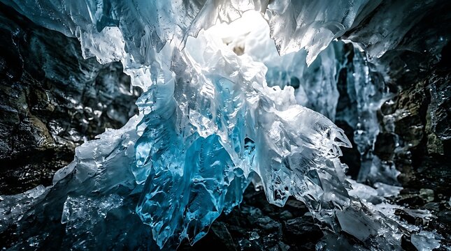 Blue crystalline ice formations inside a frozen glacier cave